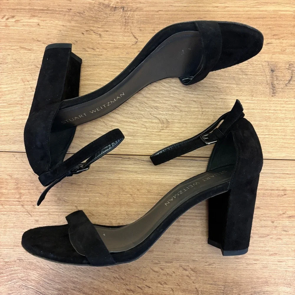STUART WEITZMAN NearlyNude Heel Sandals Black Suede Women Size 7 Formal Open Toe